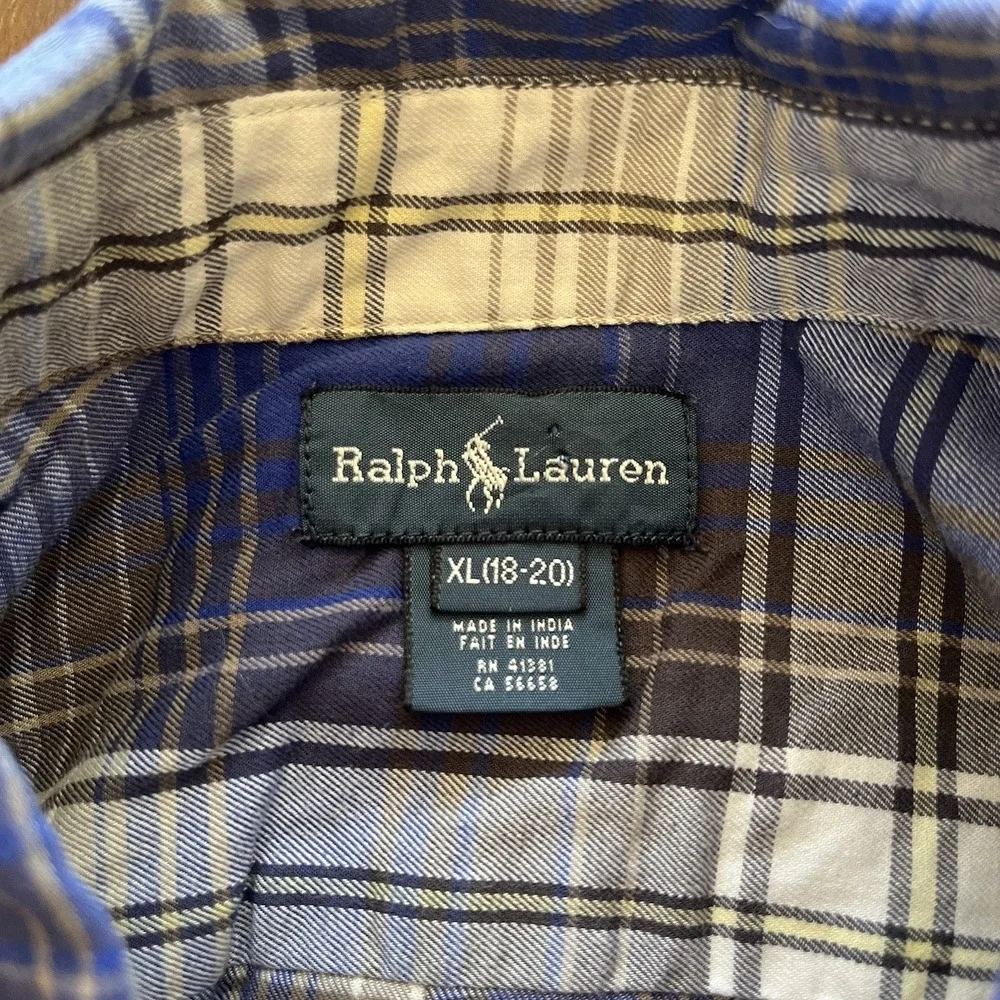 Vintage Ralph Lauren Mens XL Plaid Check Button Down Long Sleeve Shirt Blue